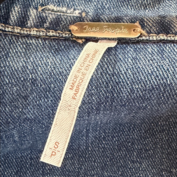 Free People Distressed Blue Denim Jacket with Gray Sleeves - Picture 3 of 3